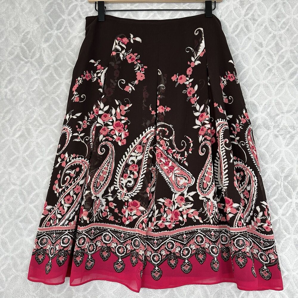 Y2K Chiffon Pleated Midi Skirt 12 Large Brown Pink Paisley Boho Fairy Modest 90s